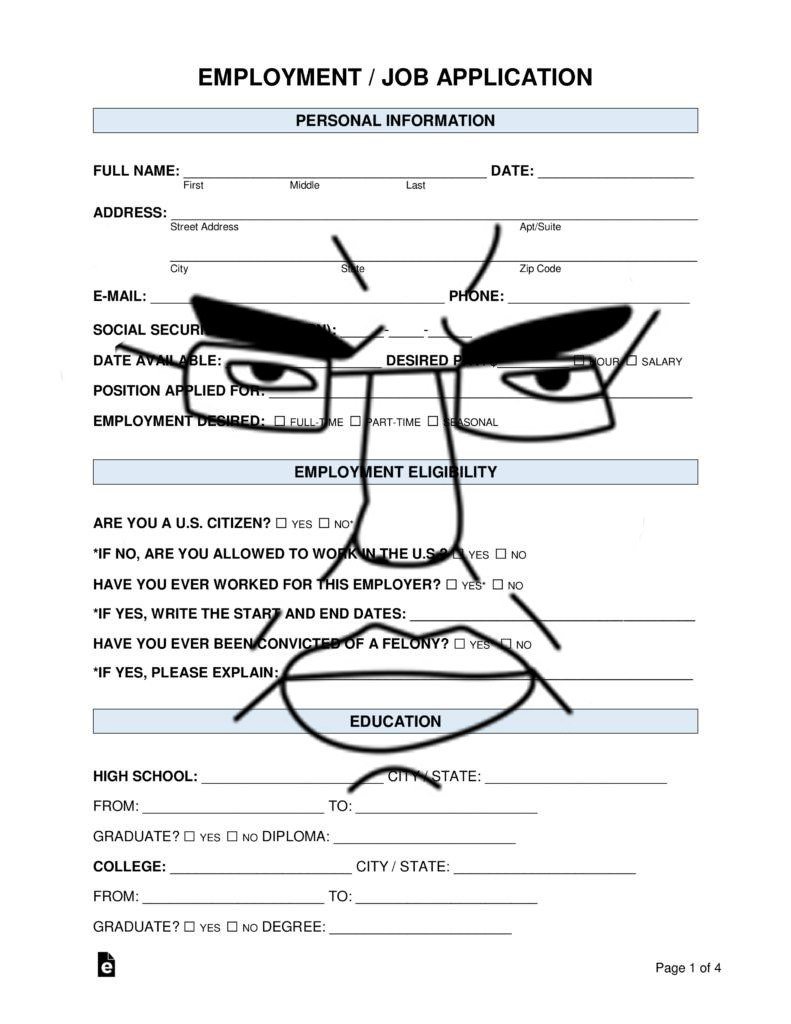 A j*b application with an angry face drawn on it